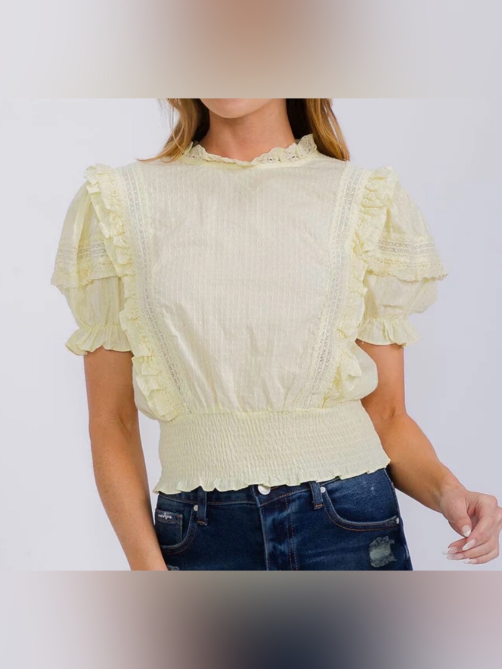 NWT Yellow Lace-Trim Smocked Waist Puff Sleeve Top